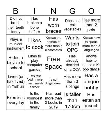 1C Getting To Know You Bingo Card