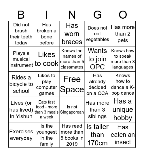 1C Getting To Know You Bingo Card