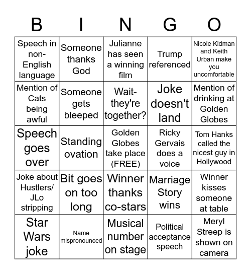 2020 Golden Globes Bingo Card