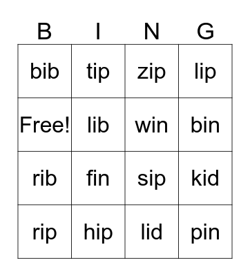 Short 'i' Bingo Card