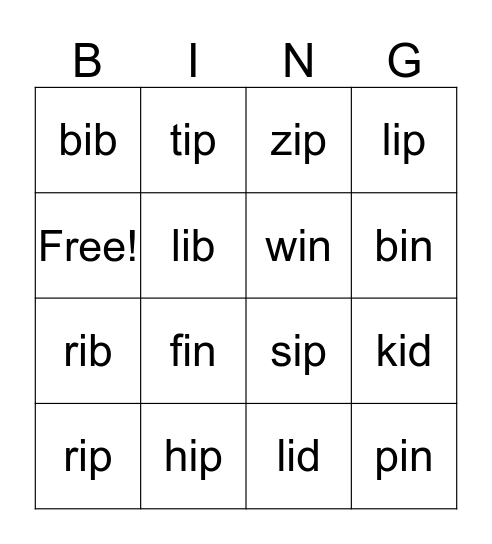 Short 'i' Bingo Card