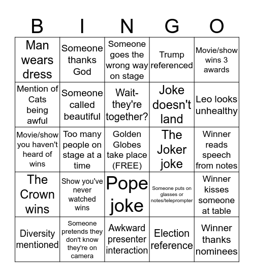 2020 Golden Globes Bingo Card