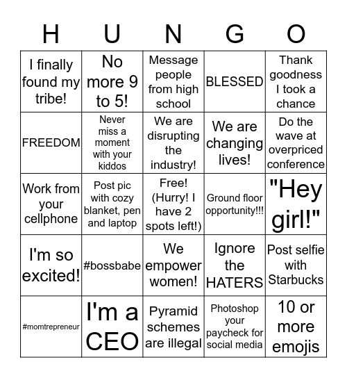 HUNGO Bingo Card