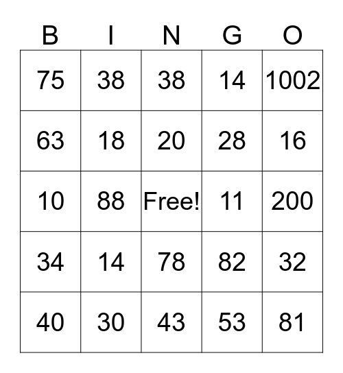 numbers Bingo Card