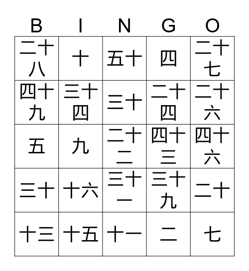 Chinese Number Bingo Card