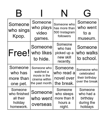 Back to School Bingo Card