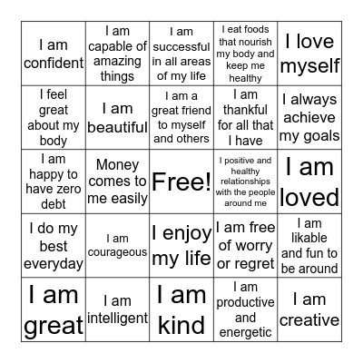 Affirmation Bingo  Bingo Card