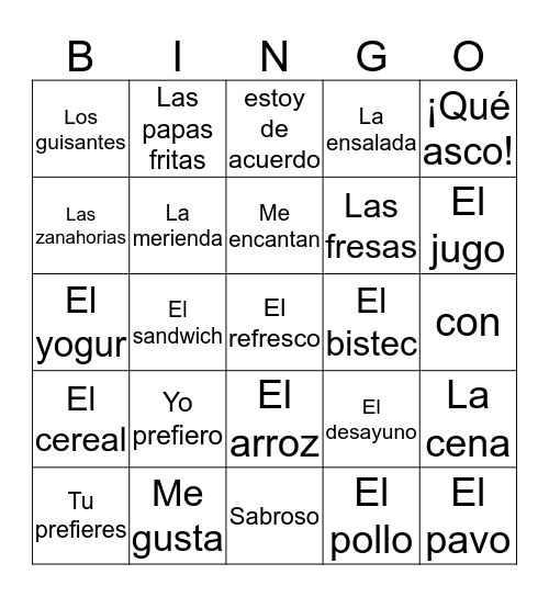 La comida Bingo Card