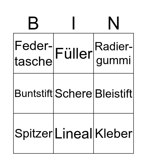 In my schoolbag Bingo Card