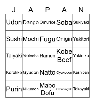 Japanese Food Bingo Card