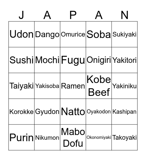 Japanese Food Bingo Card