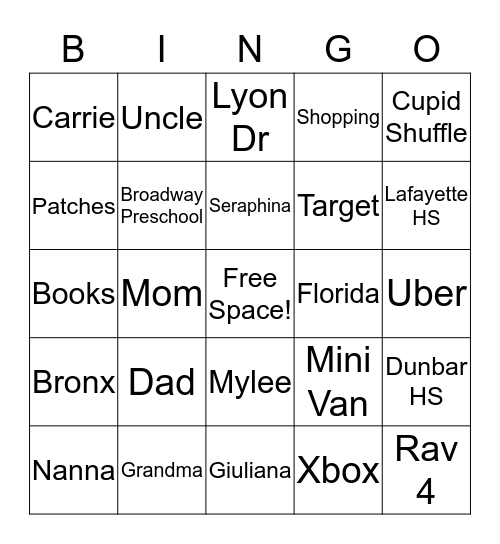 Goins Family Bingo Card