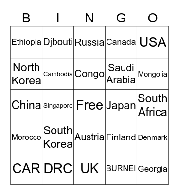 COUNTRYS Bingo Card