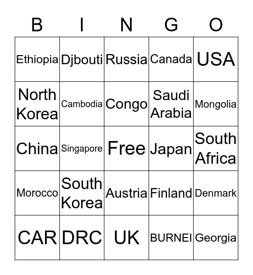 COUNTRYS Bingo Card