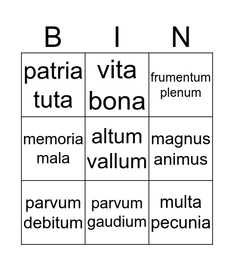 Latin Adjectives Bingo Card