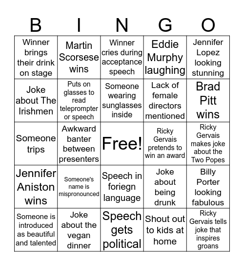 Golden Globes 2020 Bingo Card