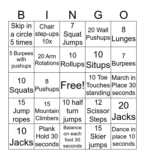 Inside Fitness Bingo Card