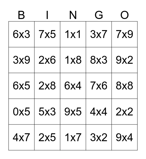 Multiplication Bingo Card