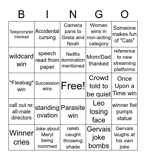 Golden Globes 2020 Bingo Card