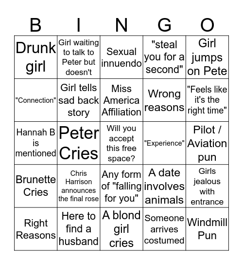 ~The Bachelor~ Pilot Pete Bingo  Bingo Card