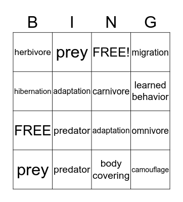 Animal Adaptations Bingo Card