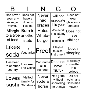 Personality Bingo Card