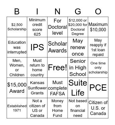 P.E.O. Projects Bingo Card