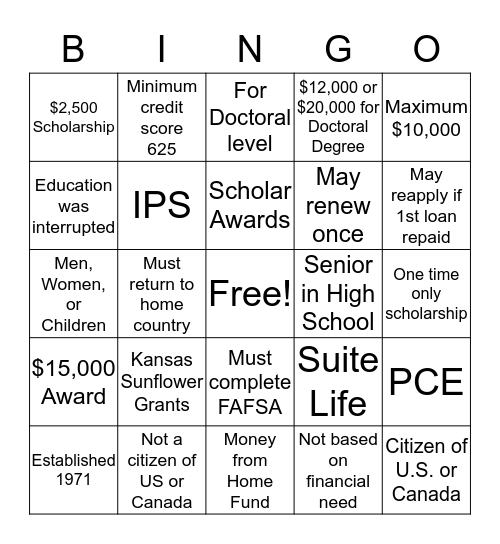 P.E.O. Projects Bingo Card