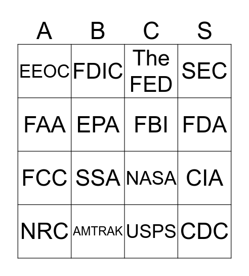 Federal Agency Bingo Card