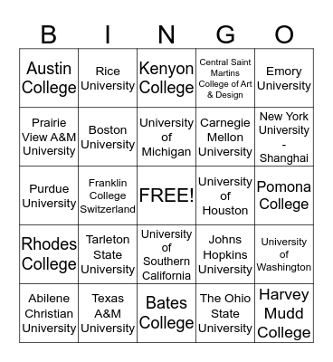 University Bingo!!!! Bingo Card