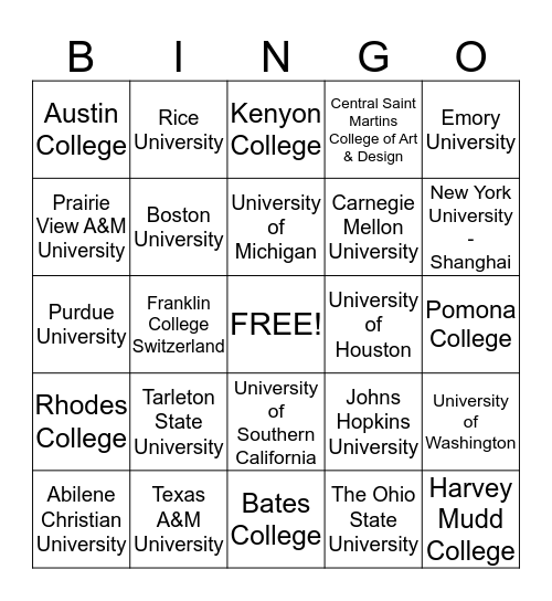 University Bingo!!!! Bingo Card