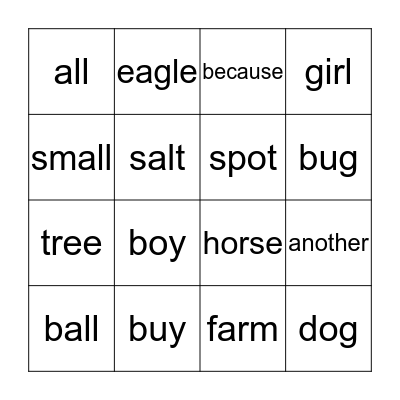 Sight Word Bingo Card