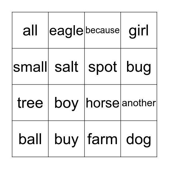 Sight Word Bingo Card