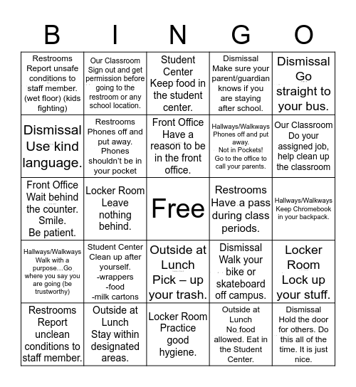 Responsibility Bingo Card