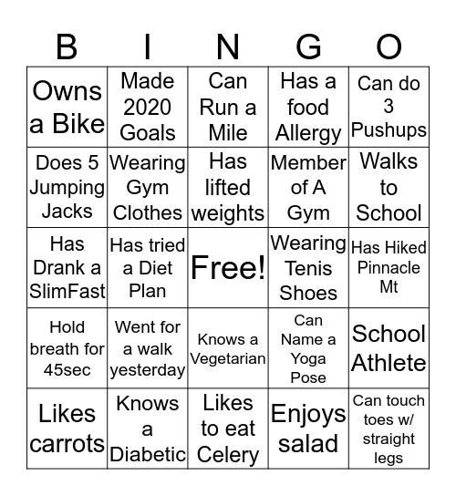 Nutrition Wellness Bingo Card