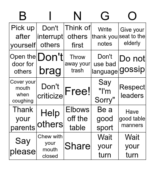 Trail Life Manners Bingo Card