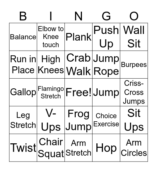 Fitness Bingo A Bingo Card