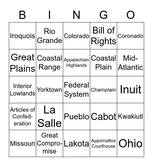 US History to 1865 Images Bingo Card