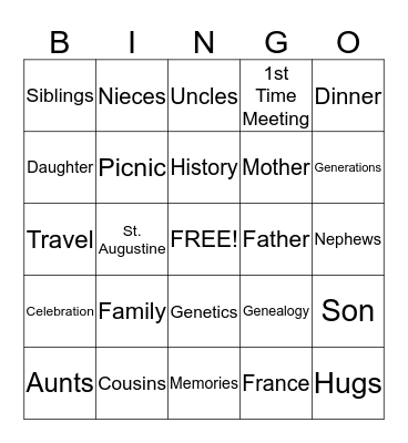 Gauzens Family Reunion Bingo Card