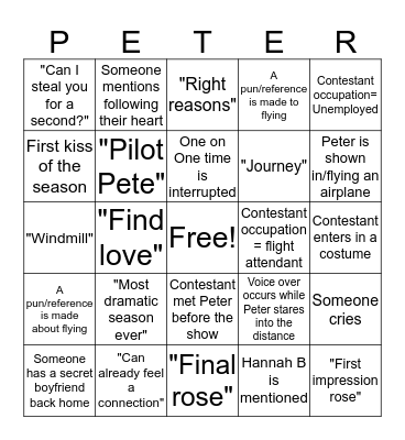Bachelor Bingo Card