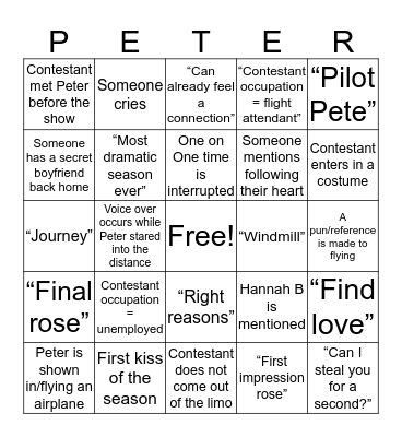 Bachelor Bingo Card