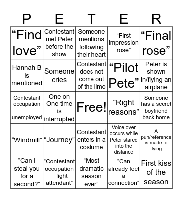 Bachelor Bingo Card