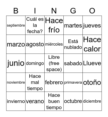 Calendario en español Bingo Card