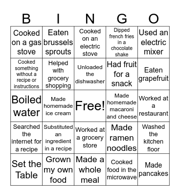 Food and Nutrition Bingo Card