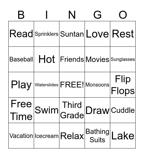 Summer Break  Bingo Card