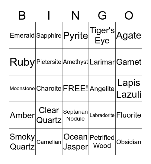 Rock & Mineral Bingo at The Wishing Stone! Bingo Card