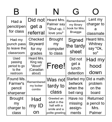 Redhawk Ready Bingo Card