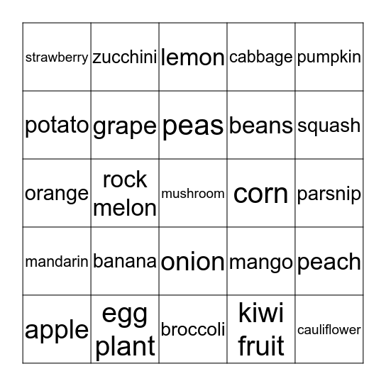 Fruit & Vegetable word Activity Bingo Card