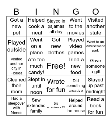 Winter Break Bingo Card