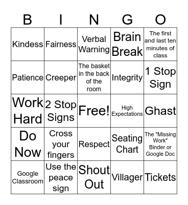Anderson's Classroom Procedures Bingo Card